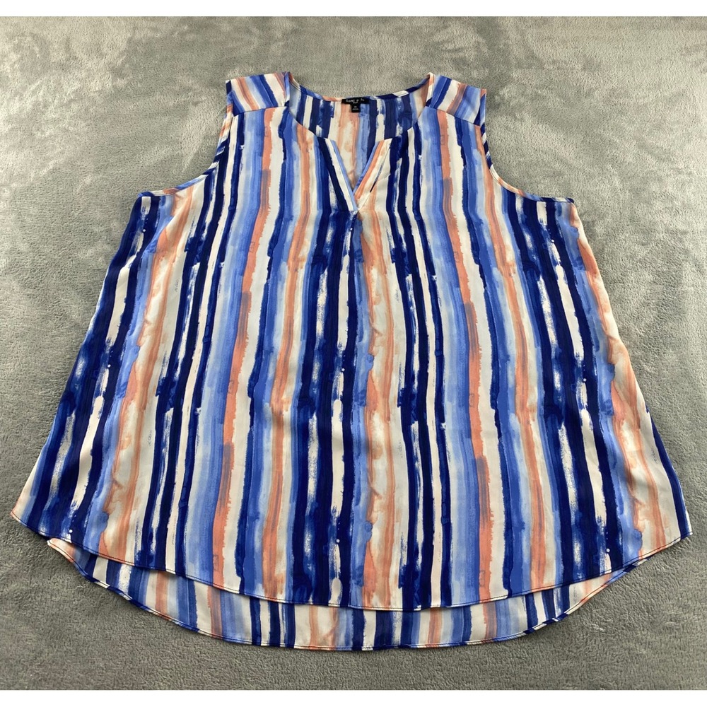 Sami & Jo Plus Womens 3X Blue Orange Striped V-Neck Sleeveless Blouse Top